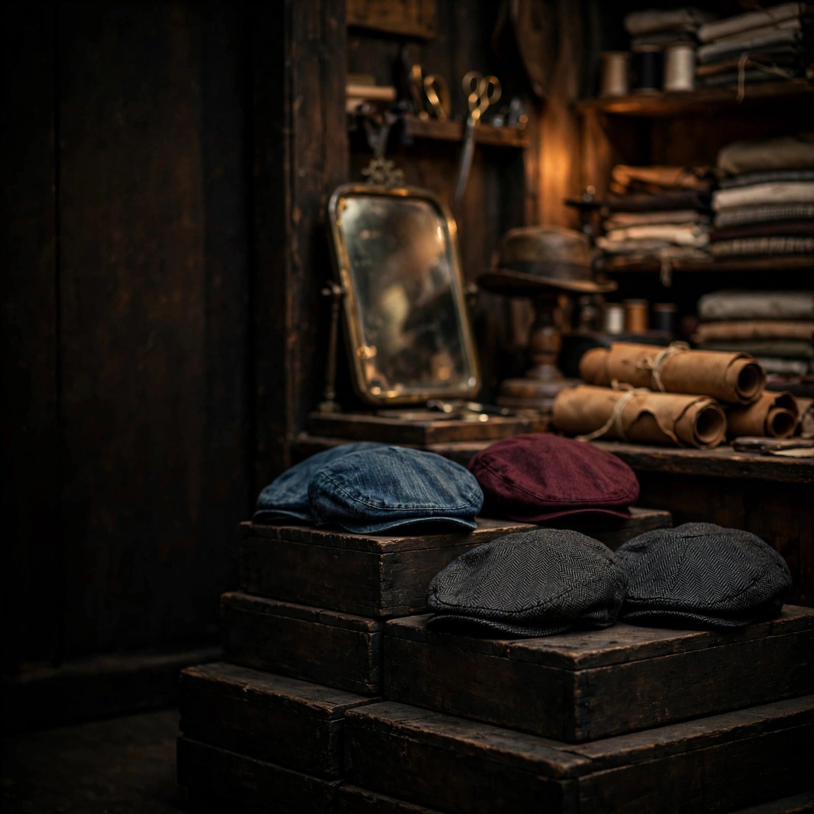 Harrinson's Caps — flat caps resting on wooden crates in the workshop